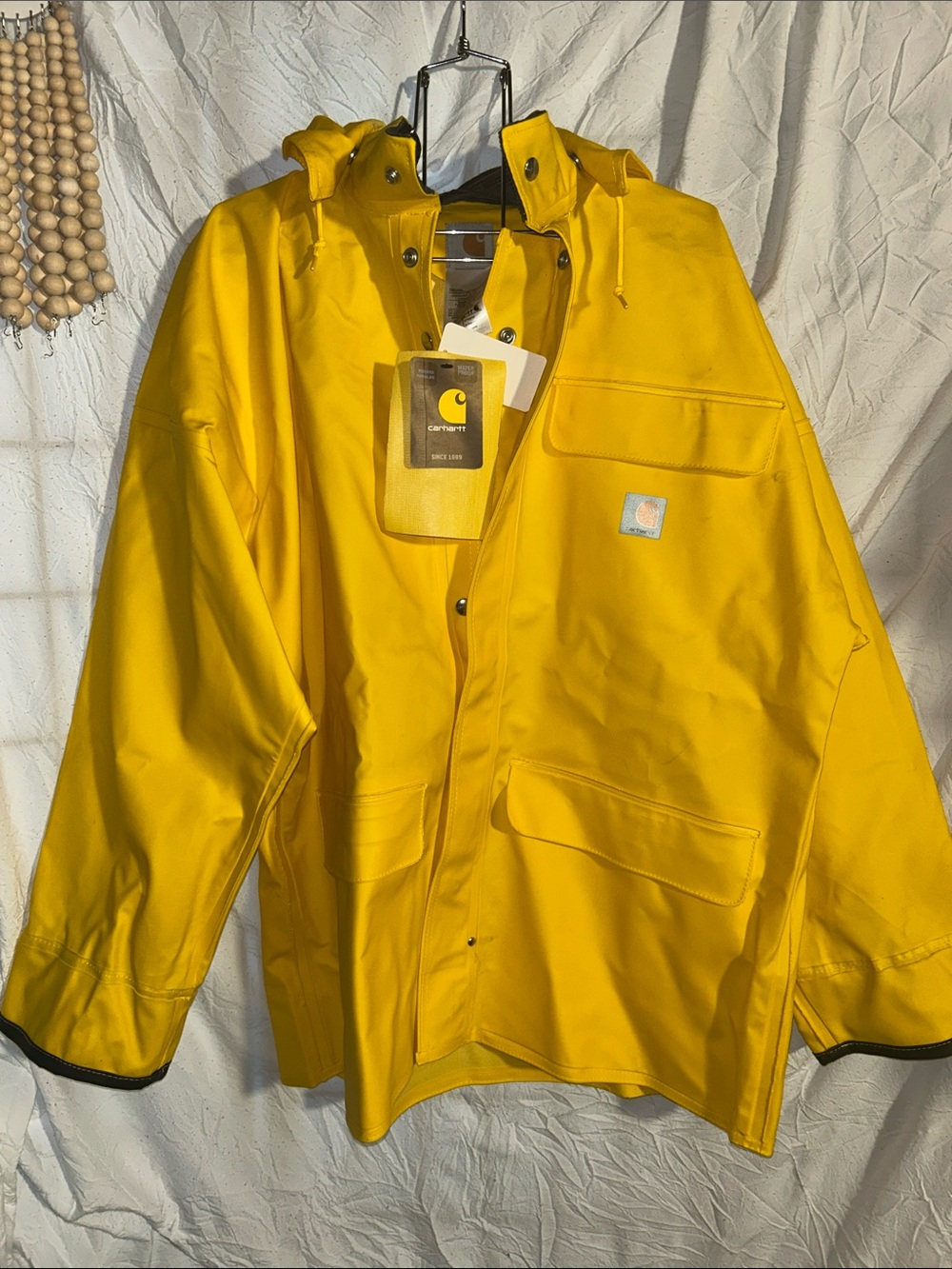 Carhartt Bright Yellow Hooded Waterproof Work Raincoat size medium. NWT - Picture 6 of 10